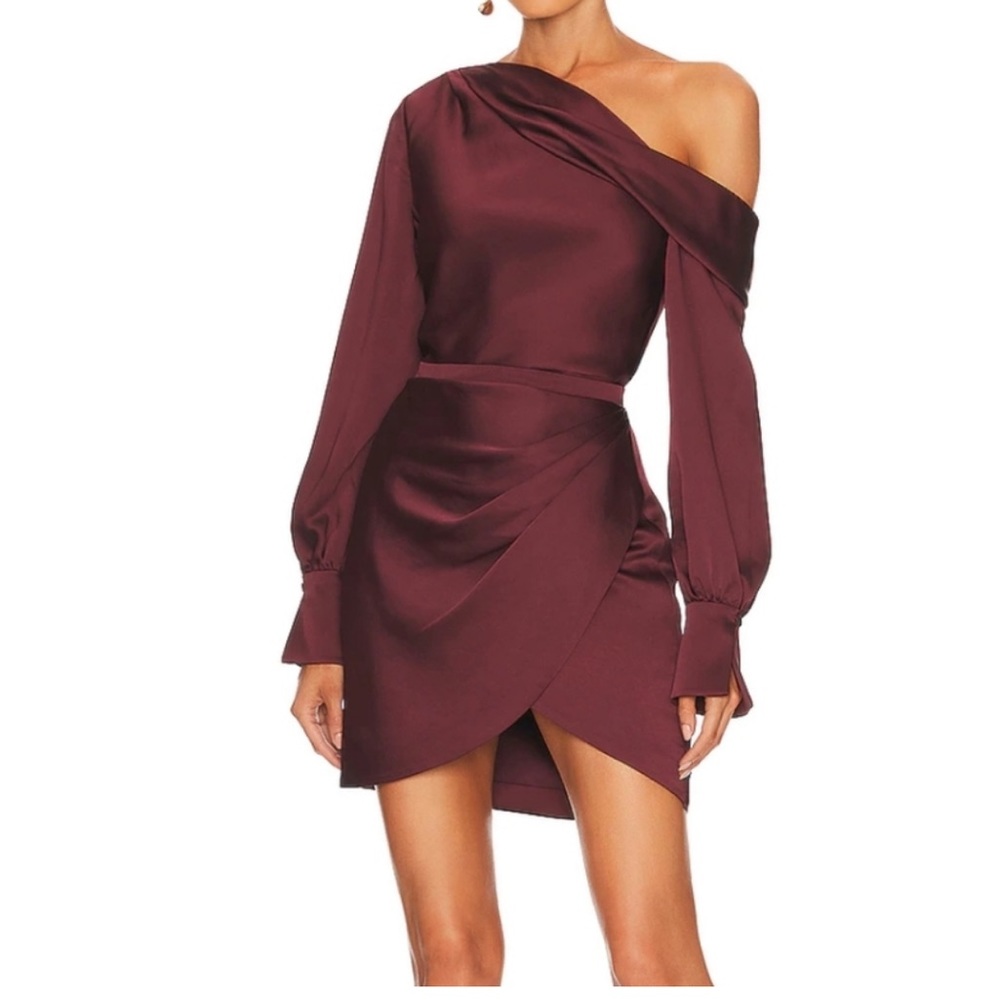 Jonathan Simkhai One-Shoulder Satin Mini Dress in Burgundy